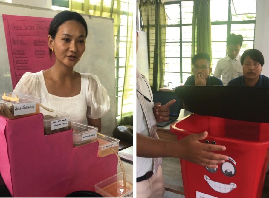 A student explains the process of ‘waste water management’ while one demonstrates ‘Automatic Dustbin’ during the ‘Science Exhibition 2022’ held at the Patkai Christian College (Autonomous) under the theme ‘Integrating Science and Skills’ on October 7. (Morung Photo)